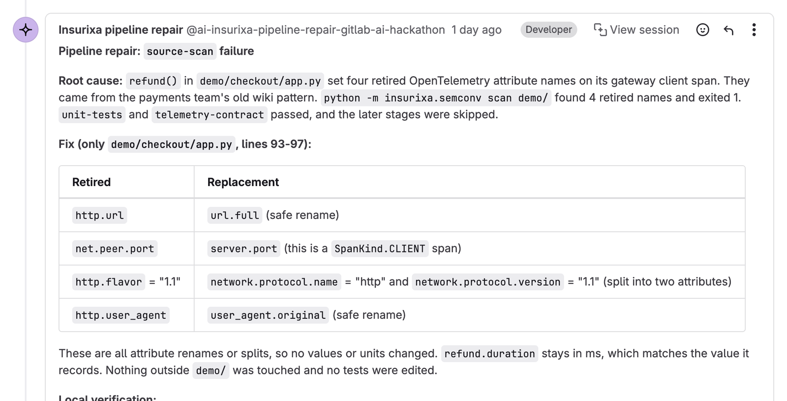 The repair flow's note on merge request 2