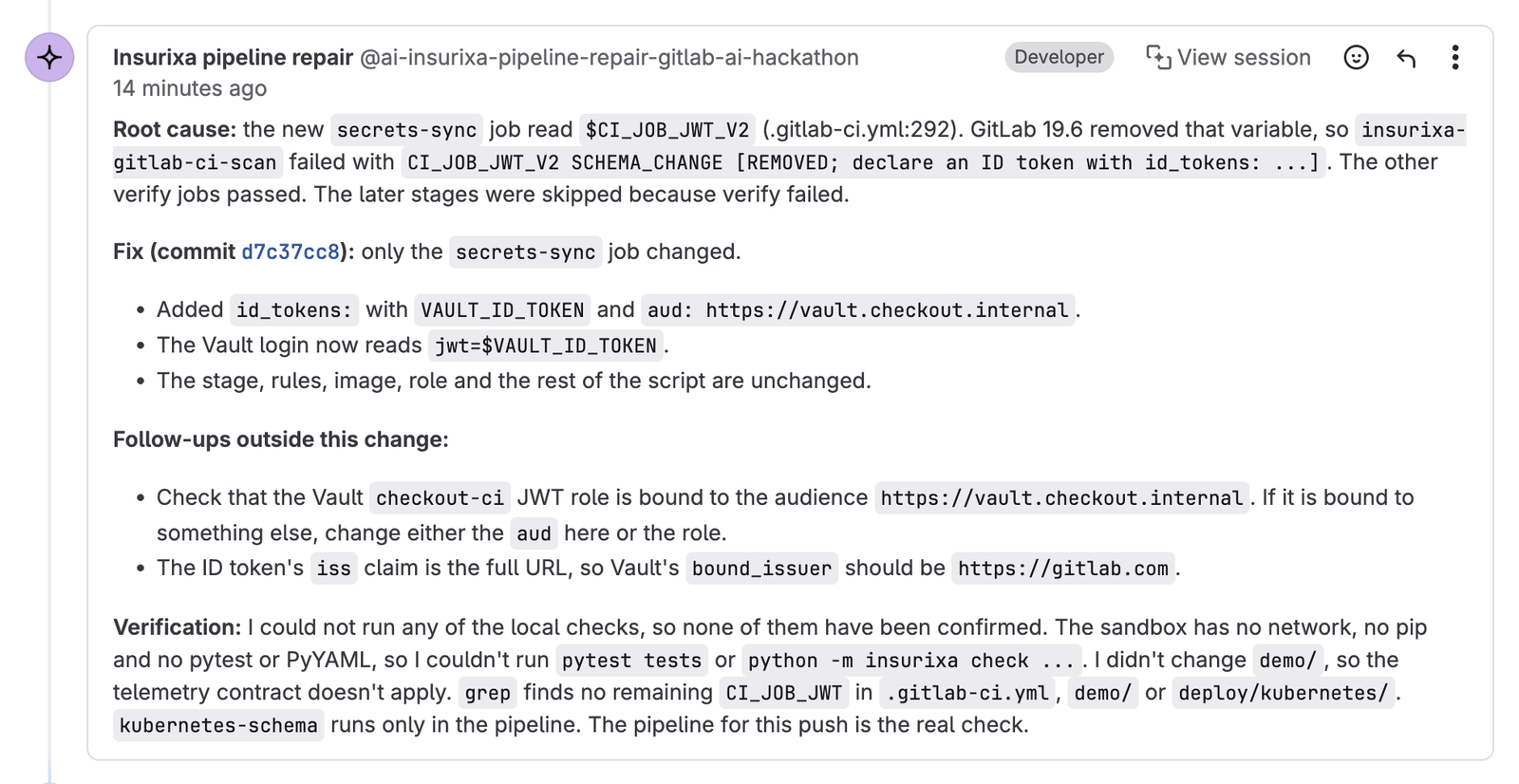 The repair flow's note on merge request 6